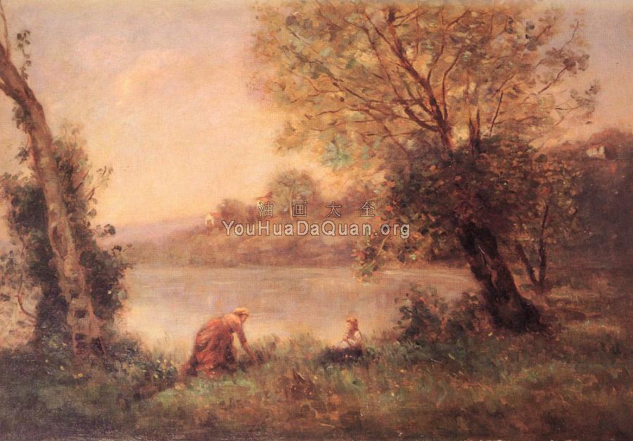 Ville-D'avray - Paysanne Et Son Enfant Entre Deux Arbres Au Bord De L'etang - 让·巴蒂斯特·卡米耶·柯罗